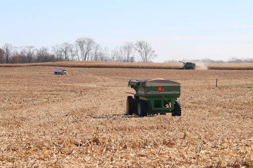 A vast, harvested cornfield with dry stalks left on the ground. A green grain cart is prominently placed in the foreground with a triangular caution sign. In the distance, a combine harvester is producing dust as it moves, and a truck is parked near the horizon. The field is bordered by leafless trees, under a clear blue sky.