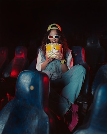 A person wearing 3D glasses and a casual outfit holds a large bucket of popcorn in a dimly lit movie theater. The seat upholstery is blue, and there are red lighting effects creating a vivid atmosphere. The individual is wearing a cap and has curly hair.
