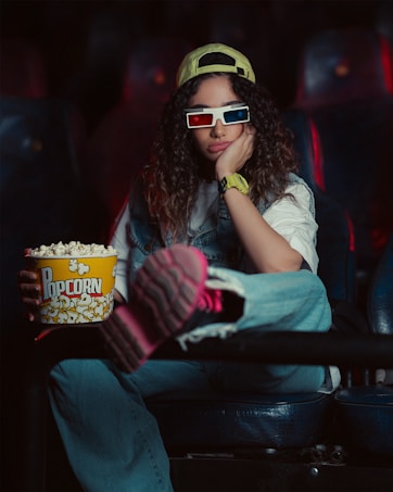 A person with curly hair wears 3D glasses and a yellow cap sitting in a theater seat, holding a large tub of popcorn. Dressed in casual denim and a white T-shirt, one leg is propped up on another seat, revealing bright pink shoes. The setting is dimly lit, suggesting a cinema environment.