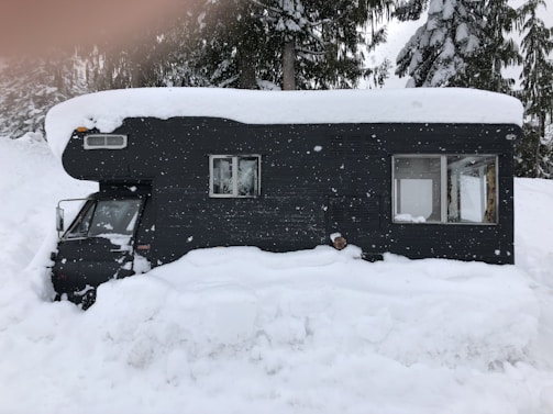A cozy camper van parked on a snowy mountain slope with pine trees dusted in snow.
