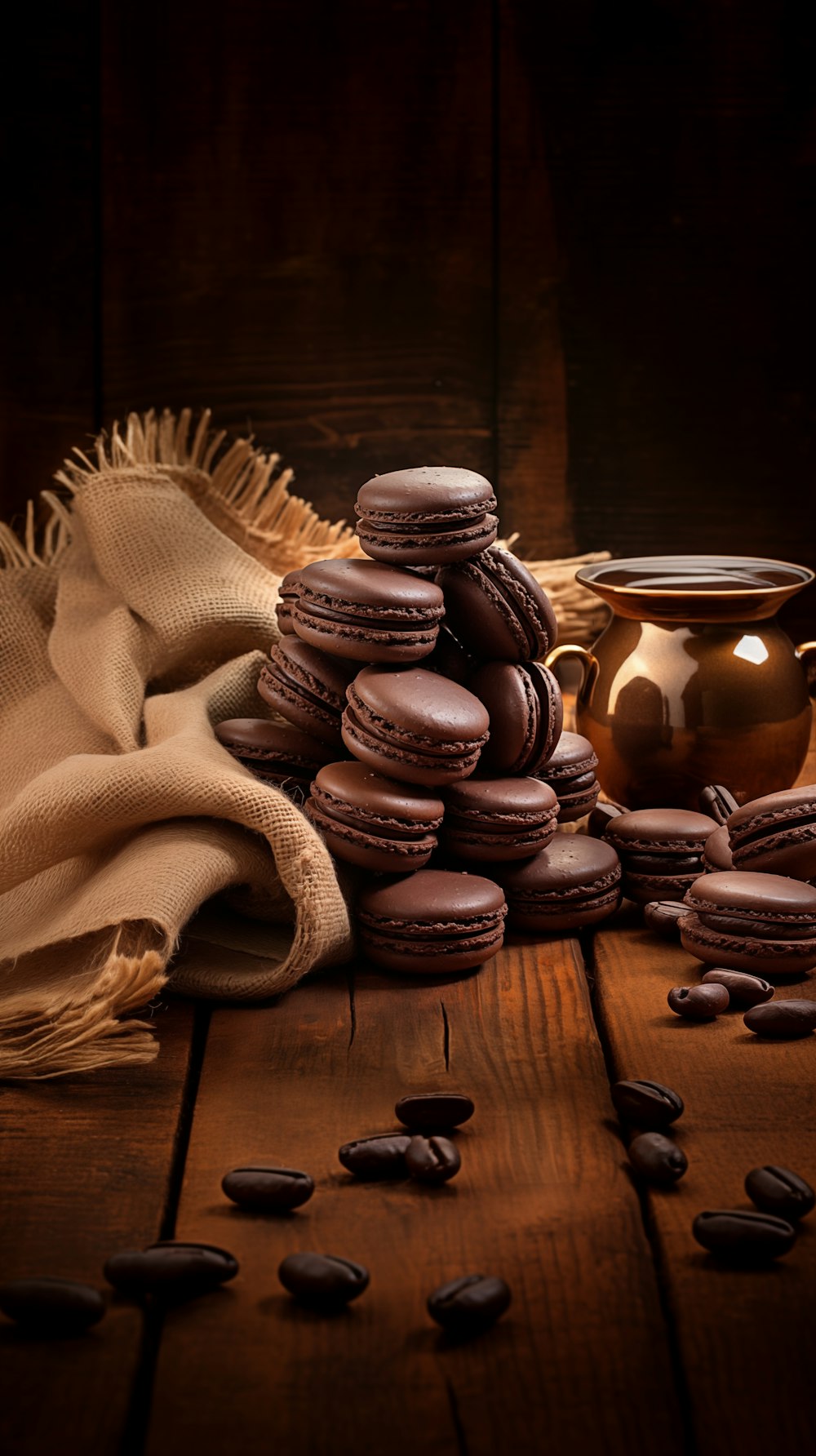 Ein Stapel Schokoladenmakronen auf einem Holztisch