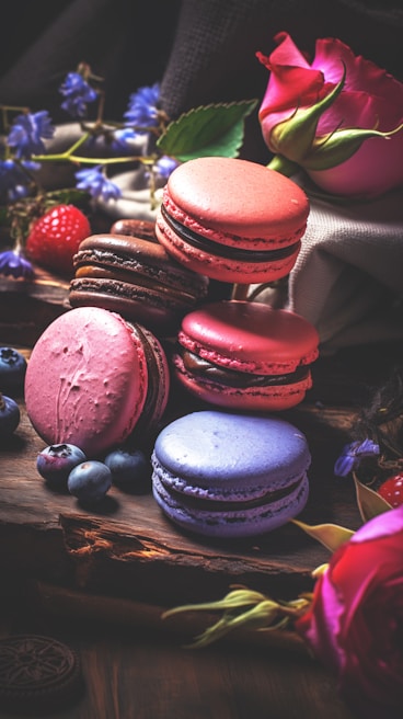 A variety of colorful macarons are stacked and displayed on a rustic wooden surface. Surrounding the macarons are fresh fruits like blueberries and strawberries, as well as delicate flowers, including roses and smaller purple flowers. The scene has a rich and vibrant composition with elements of nature and a luxurious presentation.
