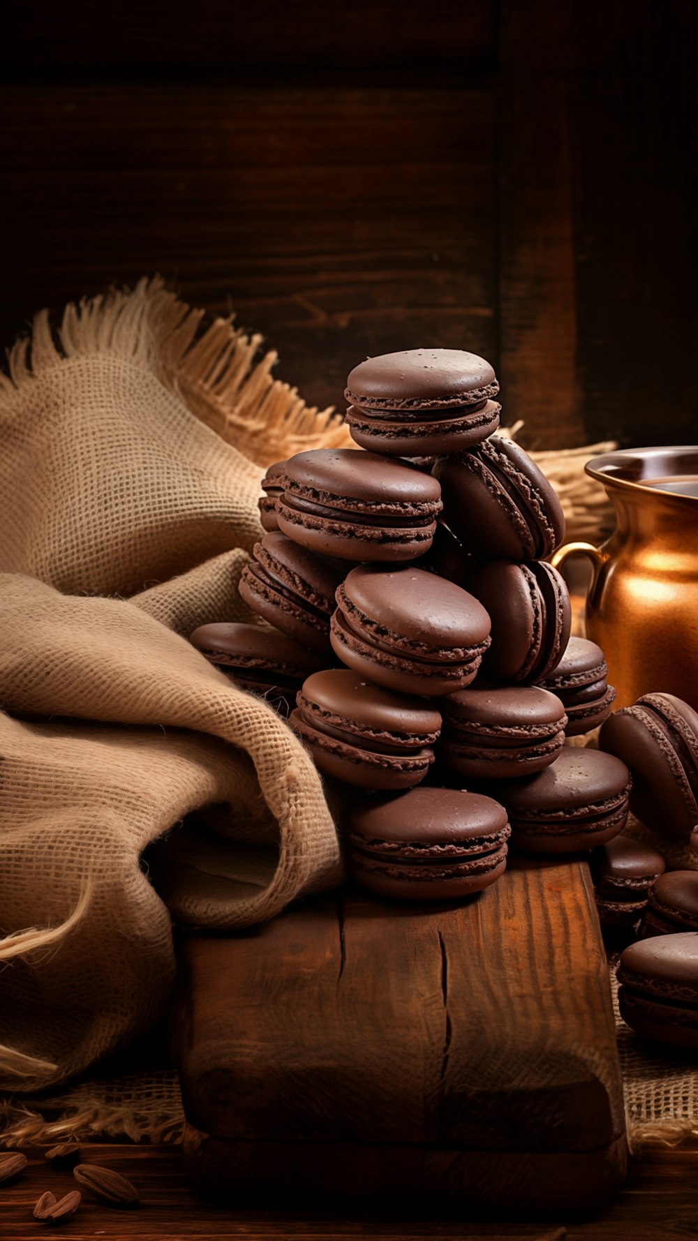 a stack of cookies sitting on top of a wooden table