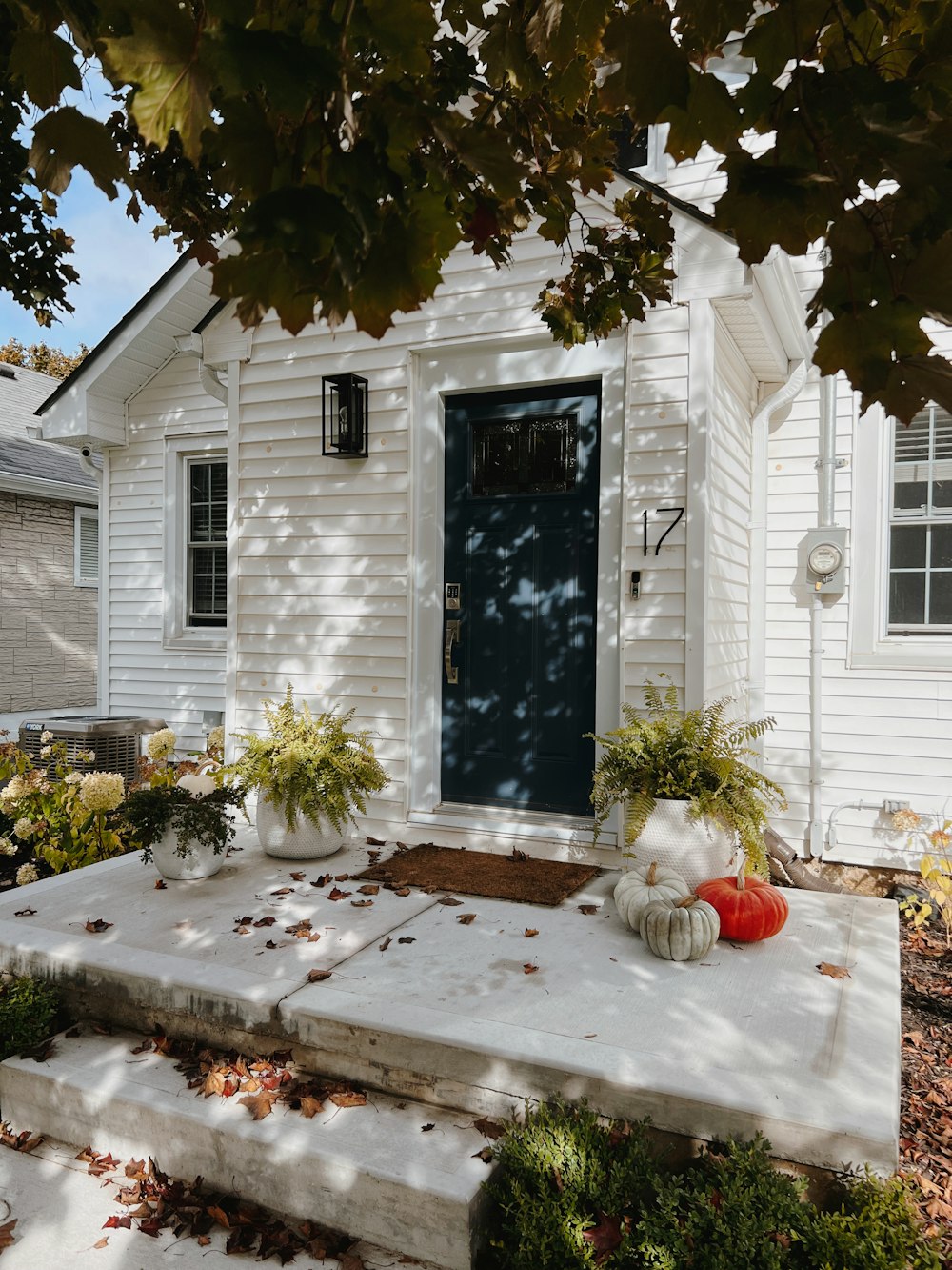 a small white house with a blue door