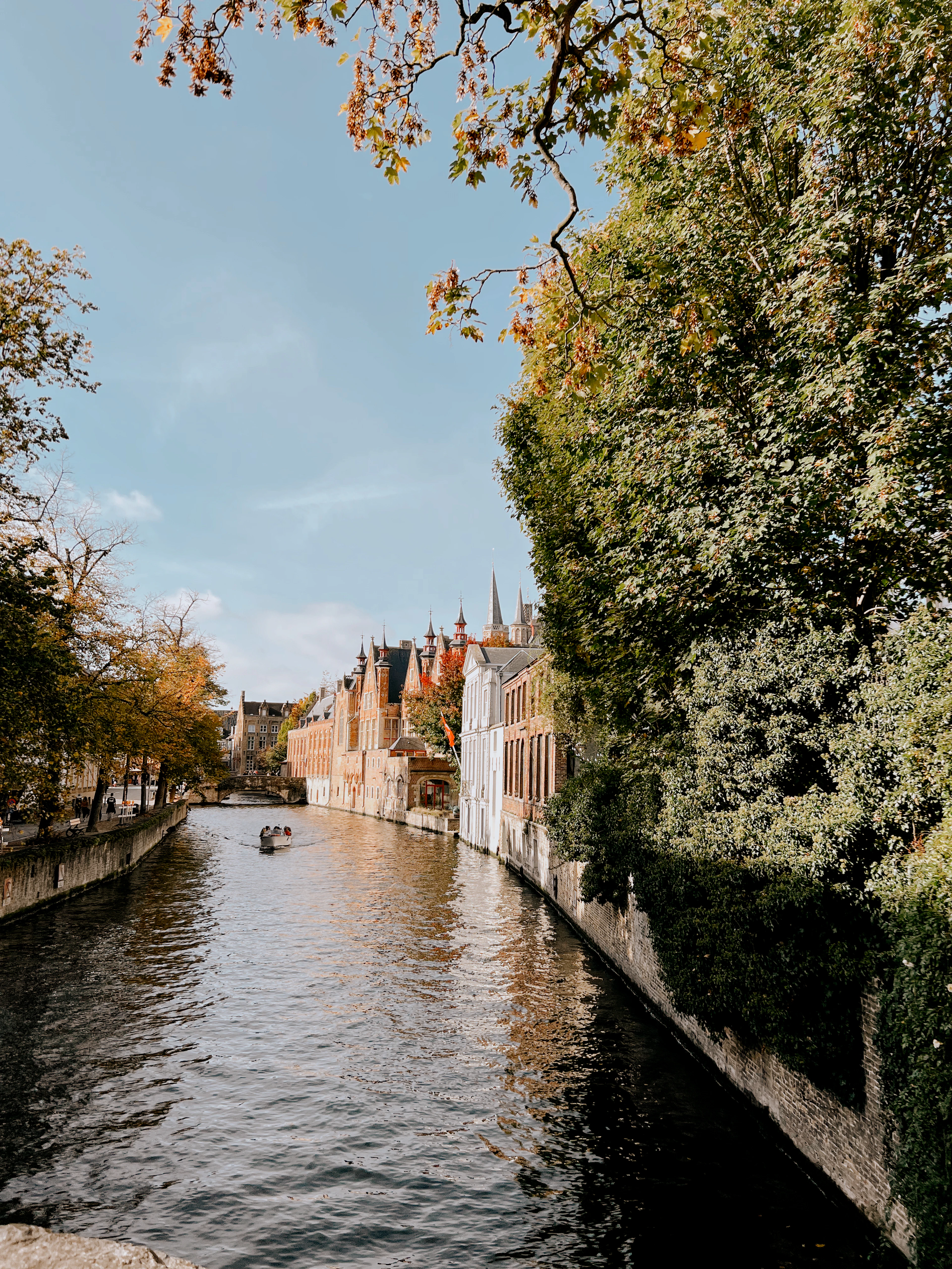 Autumn leaves frame a quiet Bruges canal with a small boat drifting past distant gabled rooftops.