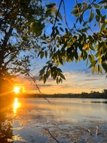 The image captures a serene lake scene during sunset, with vibrant orange and yellow hues reflecting on the calm water. Overhanging branches with lush green leaves frame the scene, adding depth and a natural border. The sky is a blend of blue and orange, dotted with soft clouds, creating a peaceful and picturesque atmosphere.