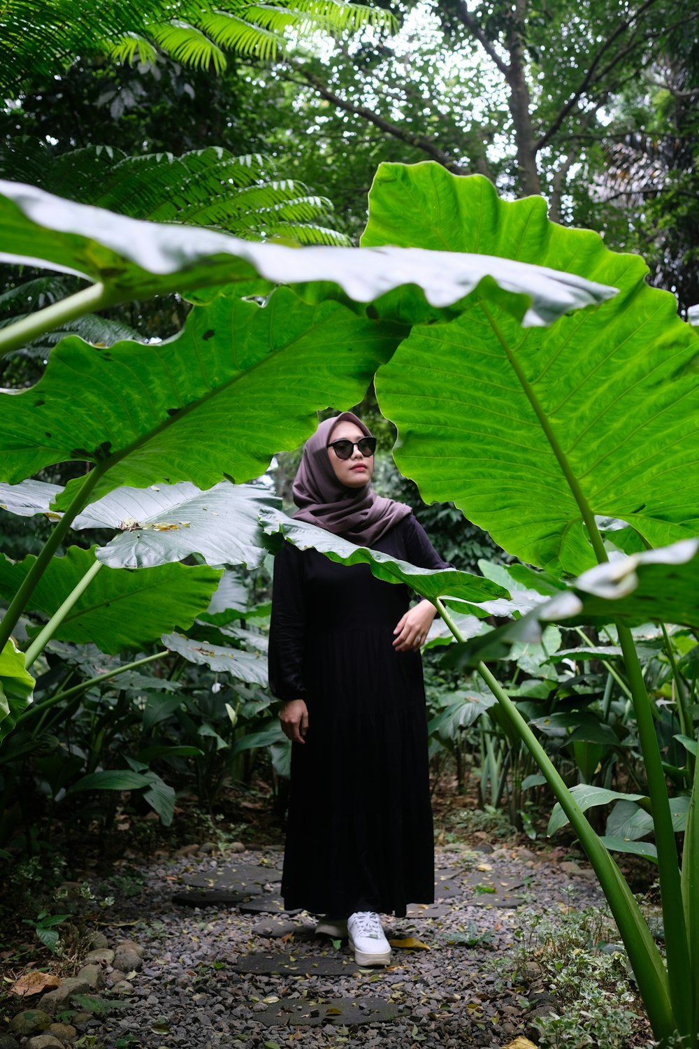 a woman in a black dress standing in front of large green leaves