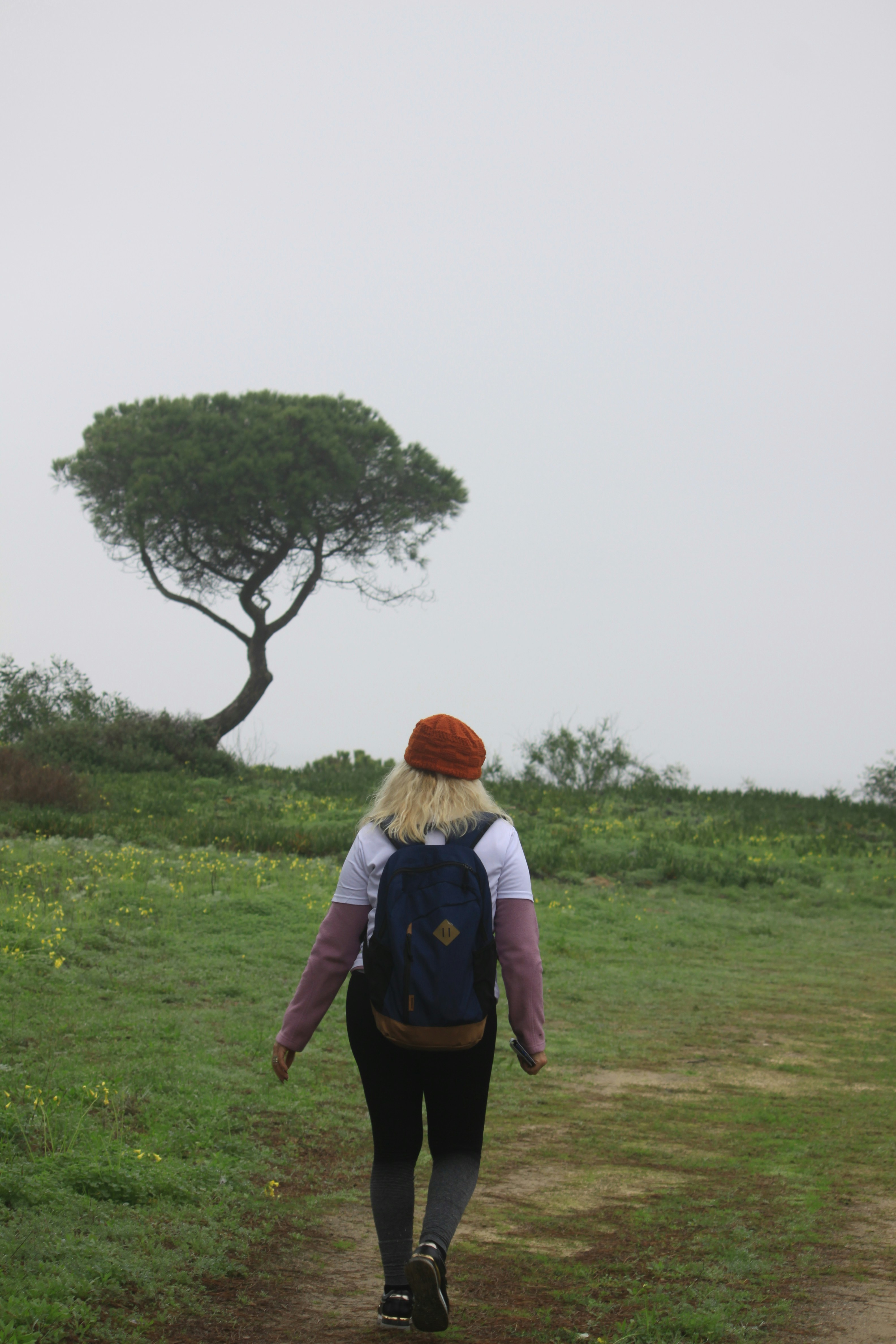 eine Frau, die einen Feldweg mit einem Baum im Hintergrund entlanggeht