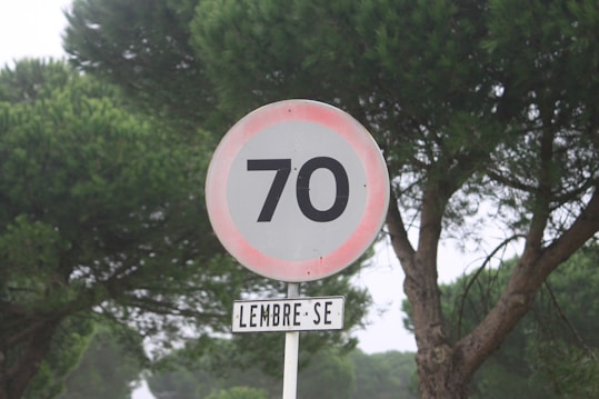 A round road sign displaying the number 70, possibly indicating a speed limit, set against a background of dense green pine trees. Below the sign, another smaller sign reads 'LEMBRE-SE,' which means 'remember' in Portuguese.