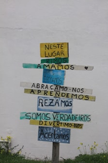 A wooden signpost against a plain white wall displays multiple colorful horizontal planks with Portuguese text. Each plank contains different words in varying colors like yellow, blue, and teal. The ground below has small green plants and yellow flowers.
