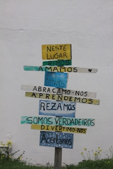 A wooden signpost against a plain white wall displays multiple colorful horizontal planks with Portuguese text. Each plank contains different words in varying colors like yellow, blue, and teal. The ground below has small green plants and yellow flowers.
