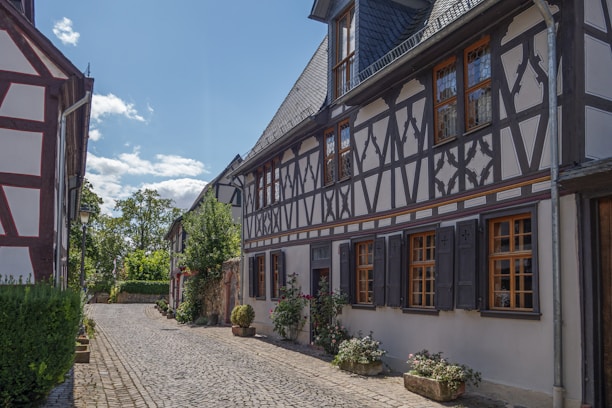 A cozy Bavarian village street with craftsmen working on wooden houses under a clear sky.