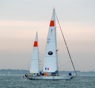 Two sailboats with tall white sails and orange markings are floating on a calm body of water. The larger sailboat's sails display the number 7 and the letters FRA. People are visible on the deck, and distant trees or land can be seen in the background under a cloudy sky.