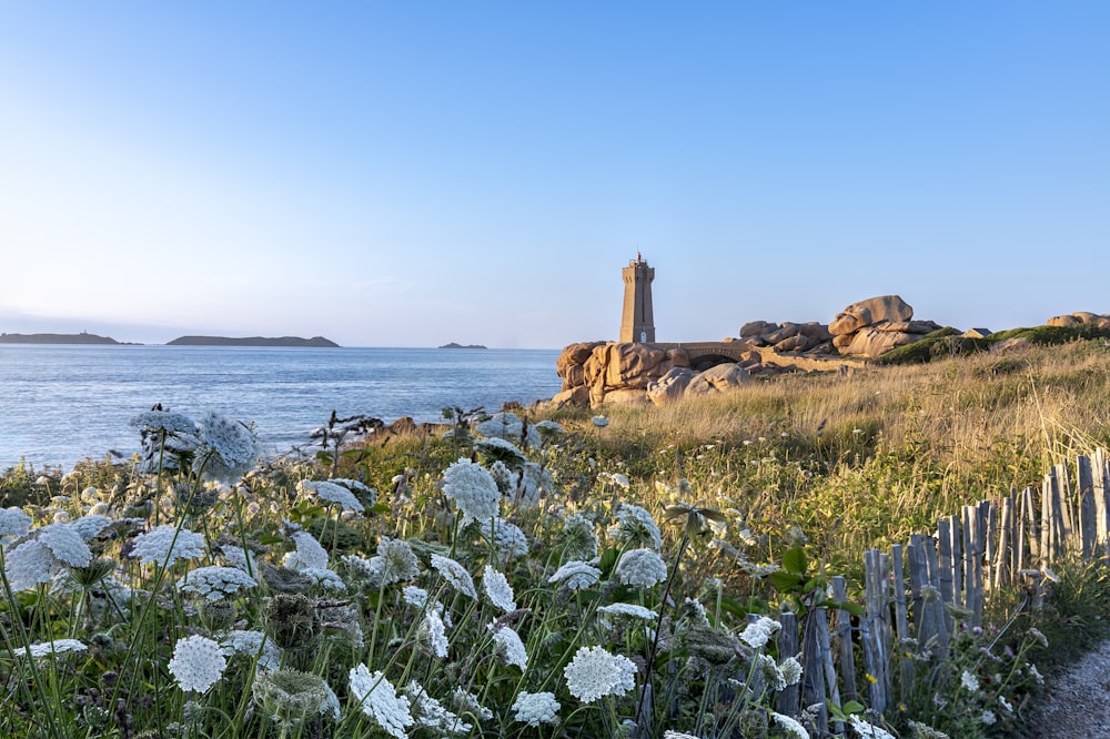 a lighthouse on a rocky shore near a body of water