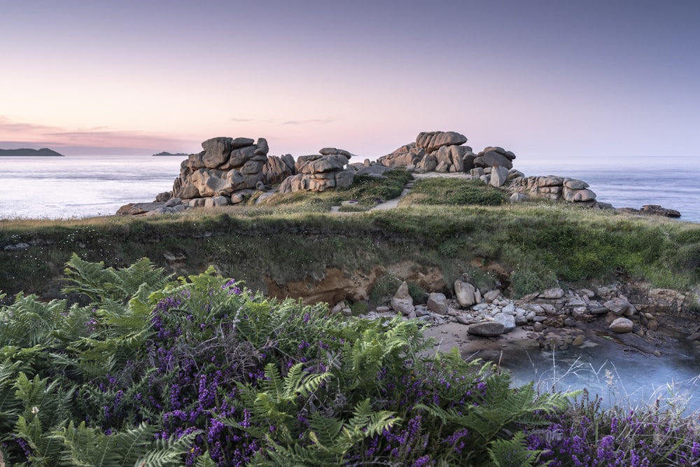 a rocky island with a stream running through it