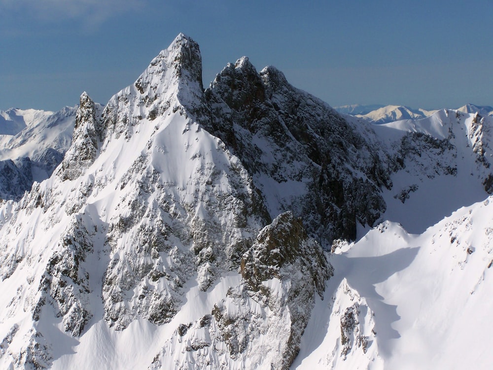 a mountain covered in snow under a blue sky