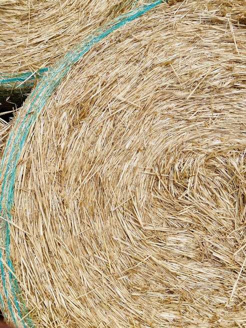 Close-up of a square baler tightly bundling hay with baler twine in a rural farm setting