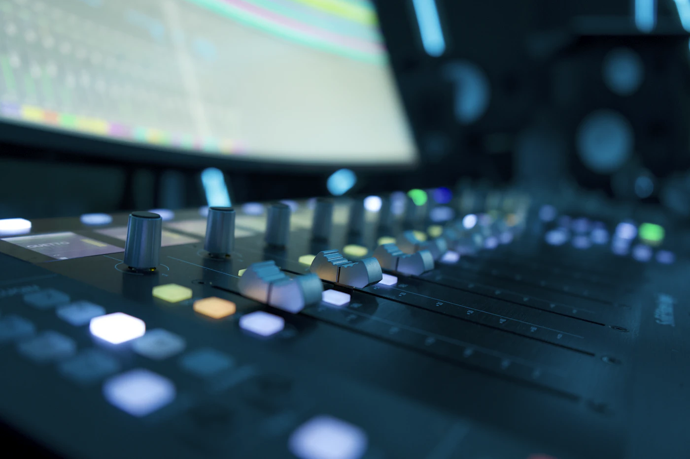 Close view of a sound mixing console in a studio