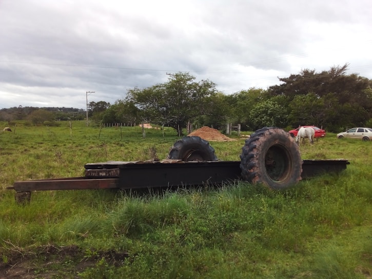 A rural landscape with a large, old, flatbed trailer featuring two prominent tractor tires. The field is lush with green grass and a mix of deciduous trees. In the background, there's a white horse grazing and a red car parked nearby. A pile of dirt or sand is also visible under a cloudy sky.