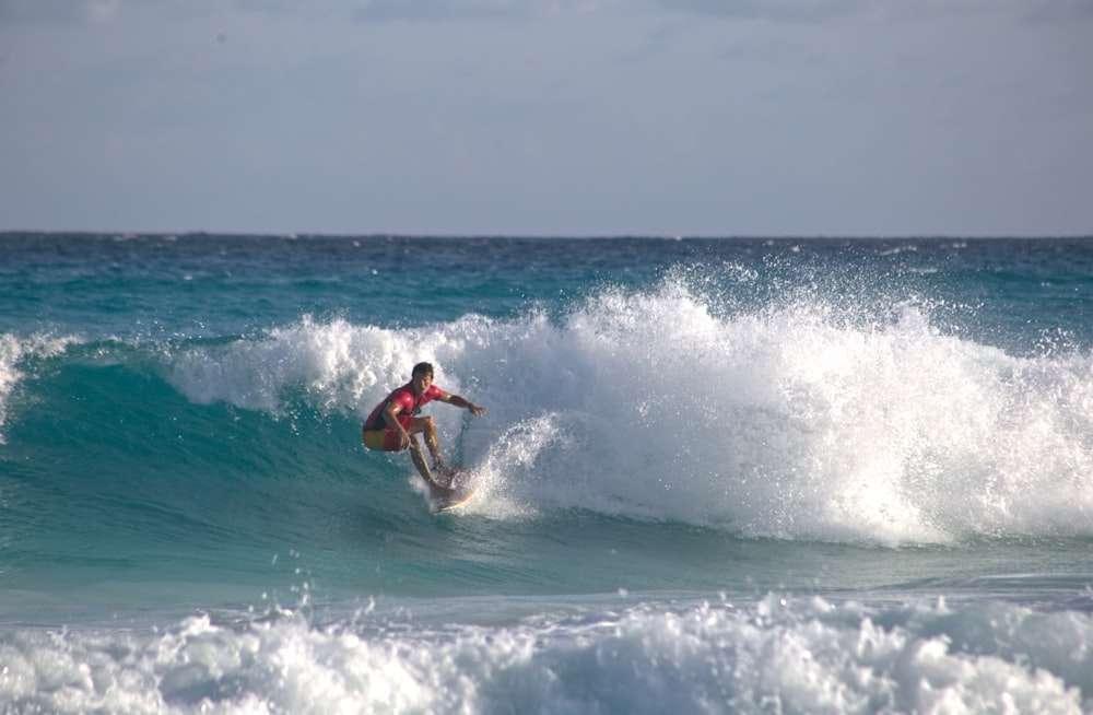 a man riding a wave on top of a surfboard