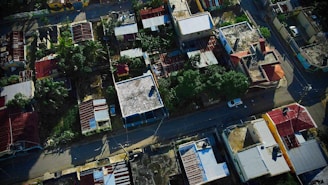 An aerial view of a residential neighborhood with various houses featuring flat and sloped roofs. The area is lush with greenery, and the houses are arranged closely together, divided by a narrow road where a few vehicles are parked. The rooftops vary in color and material, including red tiles and gray concrete.