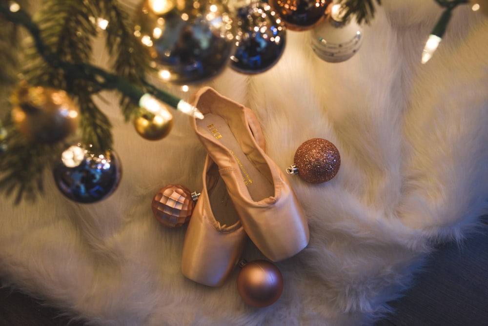 a pair of ballet shoes sitting on top of a fur covered floor