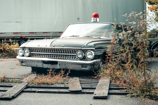 A vintage black police car with a red siren on the roof is positioned on a stretch of road surrounded by overgrown weeds. The vehicle appears aged with a rusted bumper and an old design. Wooden planks are placed on the ground in front of the car. In the background, a large cargo truck is partially visible.