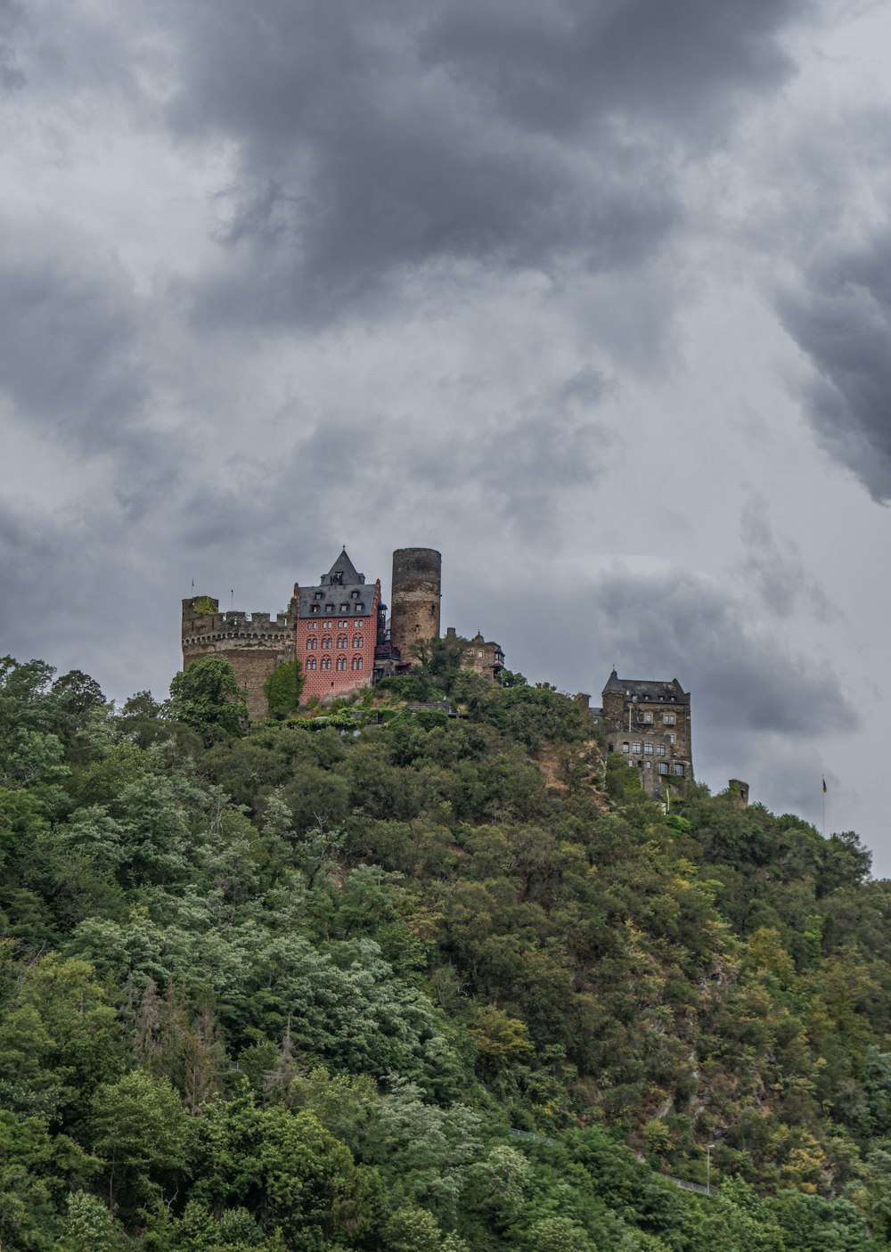 um castelo no topo de uma colina cercada por árvores