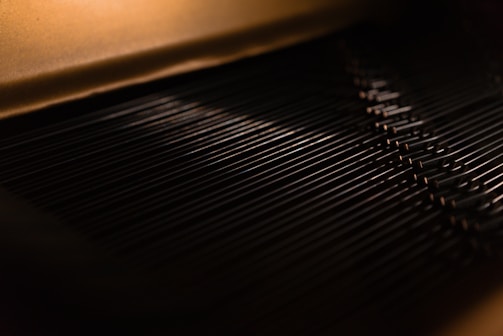 A close-up of elegant harp strings glowing softly under warm light.