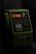 A green public telephone booth with a numeric keypad and a slot for a telephone card. The lighting is dim, giving the telephone a dark and slightly retro appearance. The phone has buttons with numbers, symbols and instructions written in Japanese. An orange display screen can be seen in the middle part, above the keypad. The handset is placed on the left side of the phone.