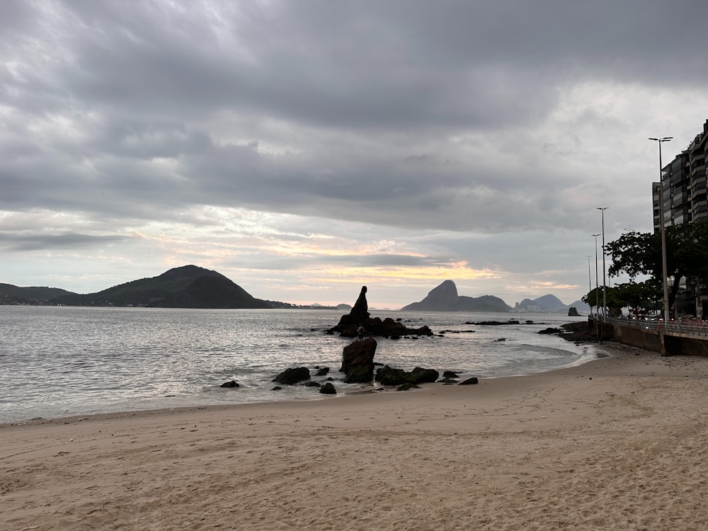 a sandy beach next to a large body of water