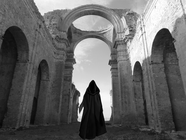 A lone figure in a cloak gazing at a swirling portal of stars and galaxies.