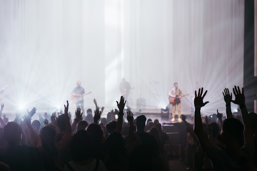 Audience enjoying a performance with hands raised.