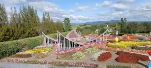 A scenic garden in Taif showcasing seasonal flowers and artistic stone arrangements.