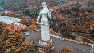 an aerial view of a statue of a woman surrounded by trees
