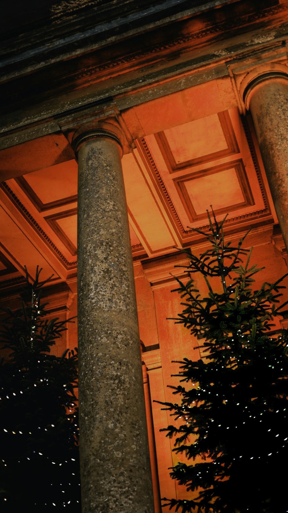 a building with columns and a tree in front of it