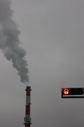 A tall industrial chimney emits a thick plume of smoke into the overcast sky. To the right, a traffic signal displays a red arrow pointing upwards.