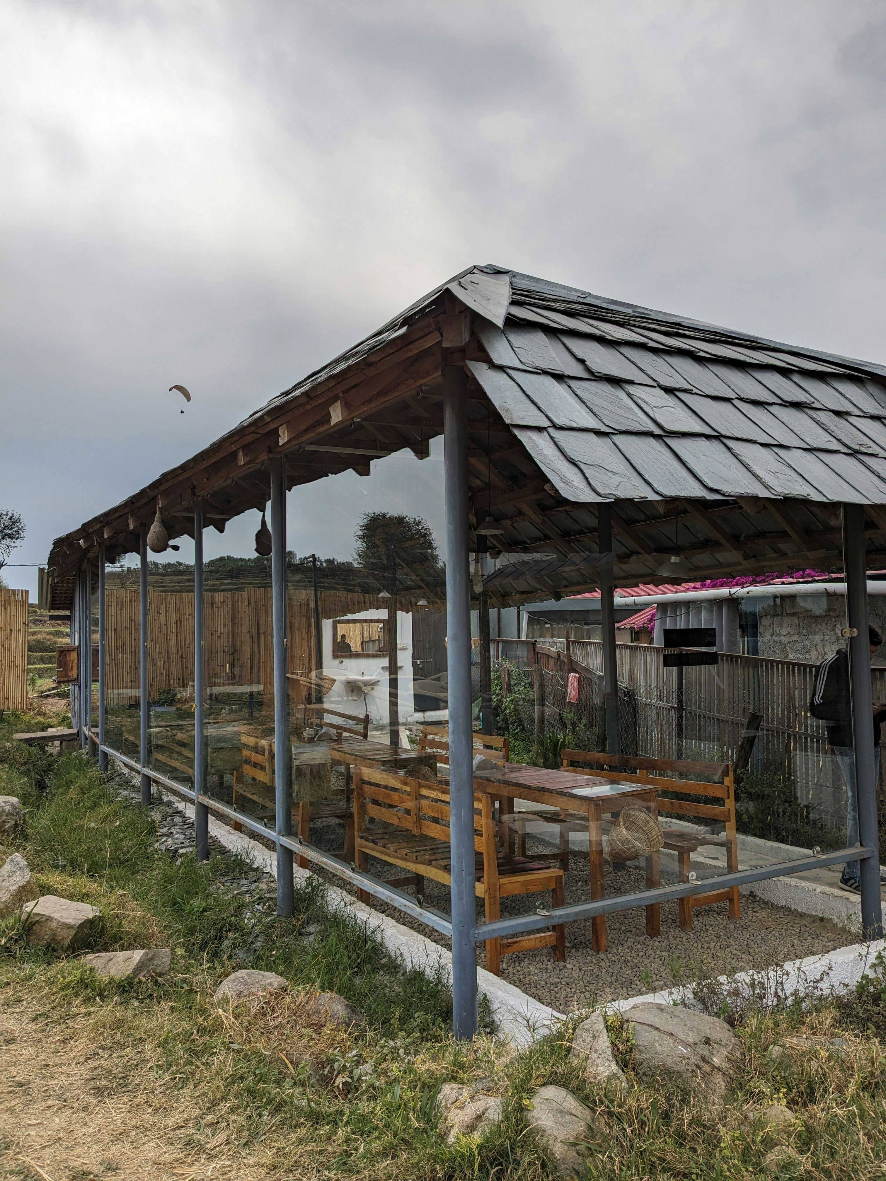 a covered picnic area with benches and tables