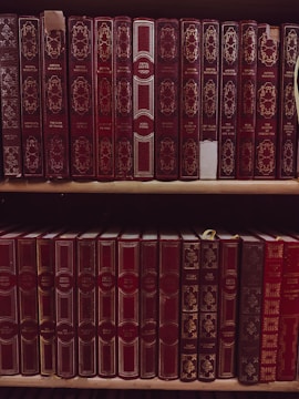 A bookshelf filled with rows of leather-bound books featuring intricate gold patterns and lettering on their spines. The books are mostly deep red in color, with a few exceptions of lighter red and brown shades. Some books have noticeable signs of wear, such as peeling labels or exposed sections where the leather has worn away, adding a vintage feel to the collection. A gold ribbon is visible sticking out of one of the books.