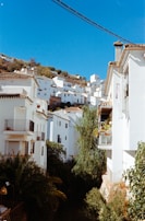 Traditional white houses with blue shutters nestled on a hillside under a clear sky.
