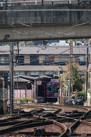 a train traveling down train tracks under a bridge