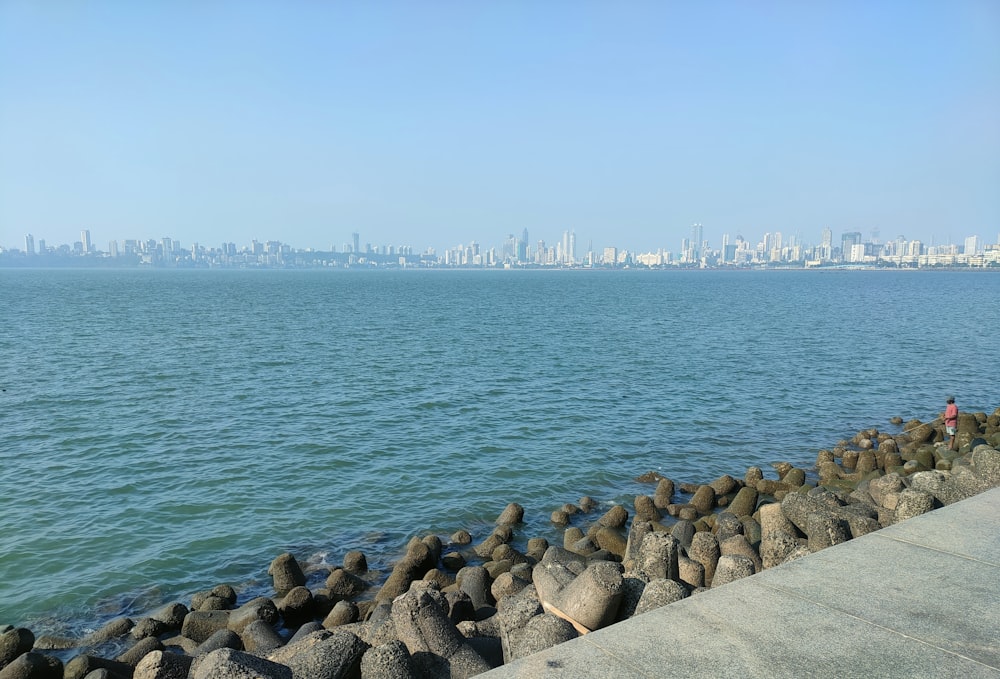 a person sitting on a rock wall looking out at the ocean