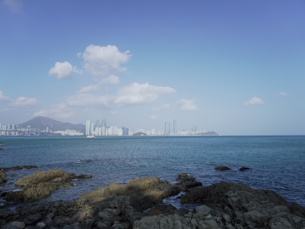 a body of water with a city in the background