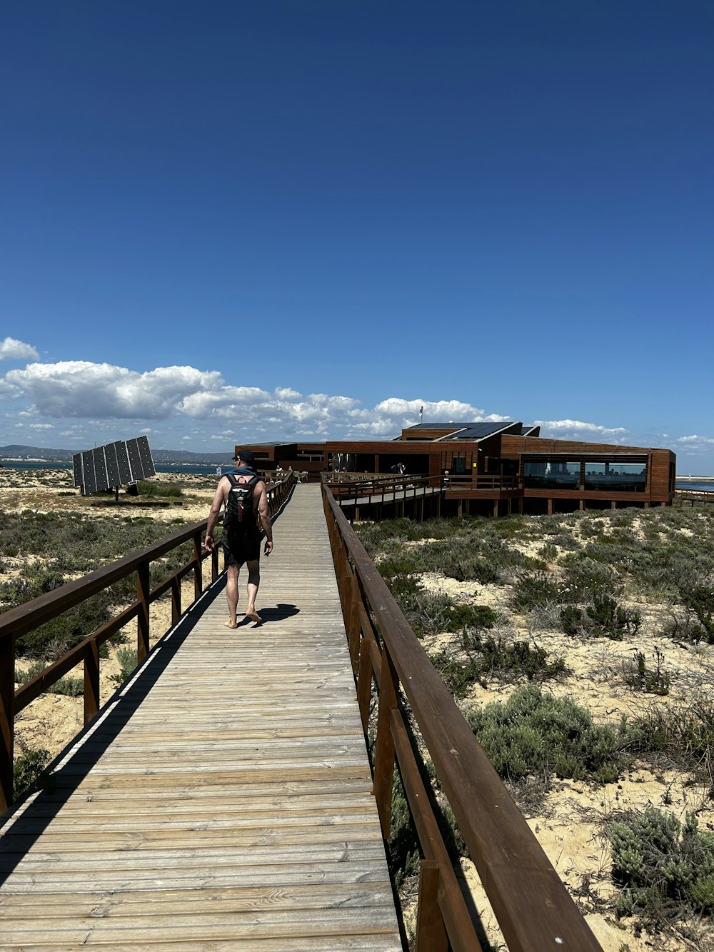 a person walking across a wooden bridge in the desert