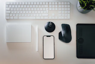 a desk with a keyboard, mouse, cell phone and a plant