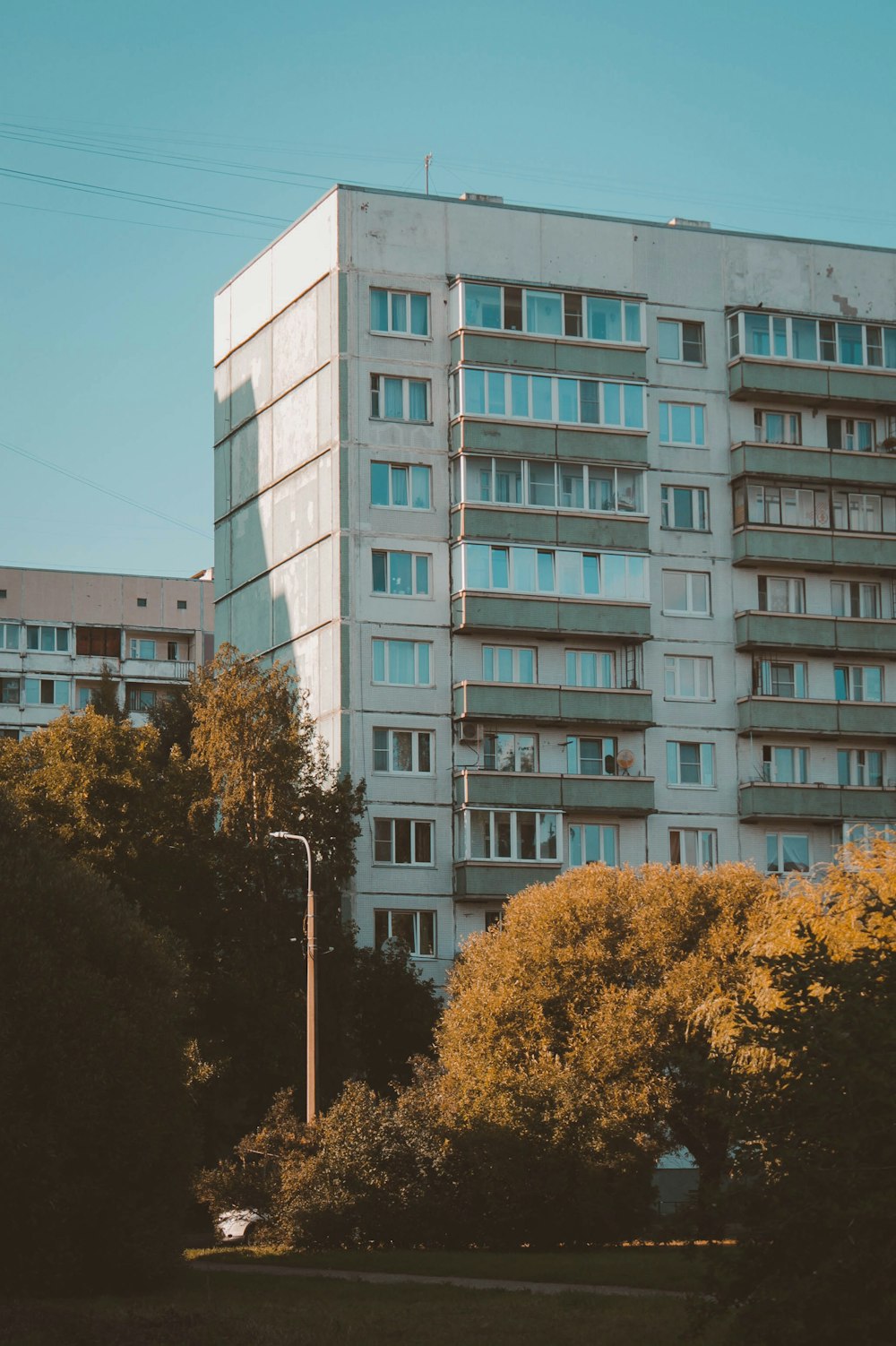 a tall white building sitting next to a lush green forest