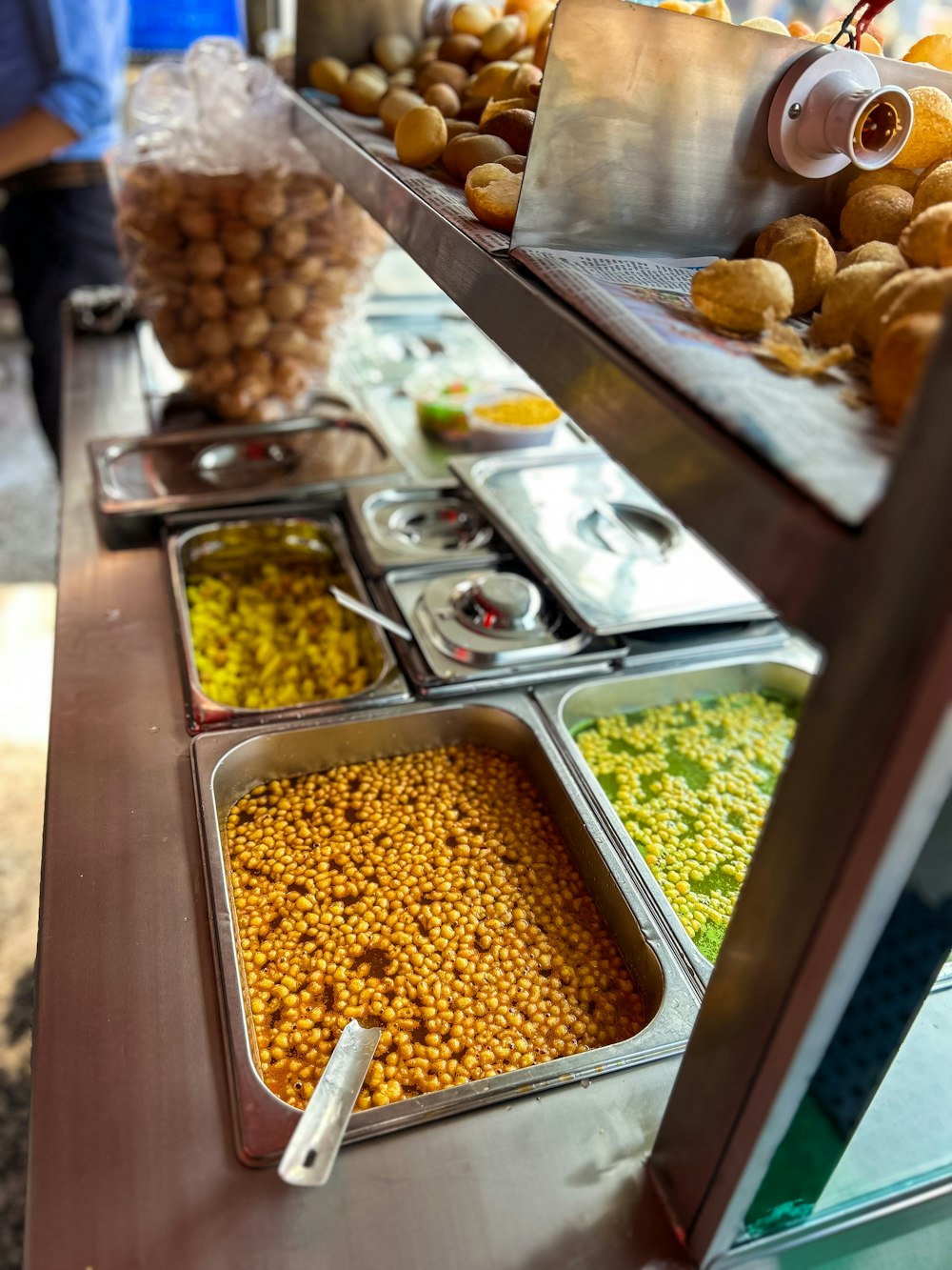 a buffet with a variety of food on it