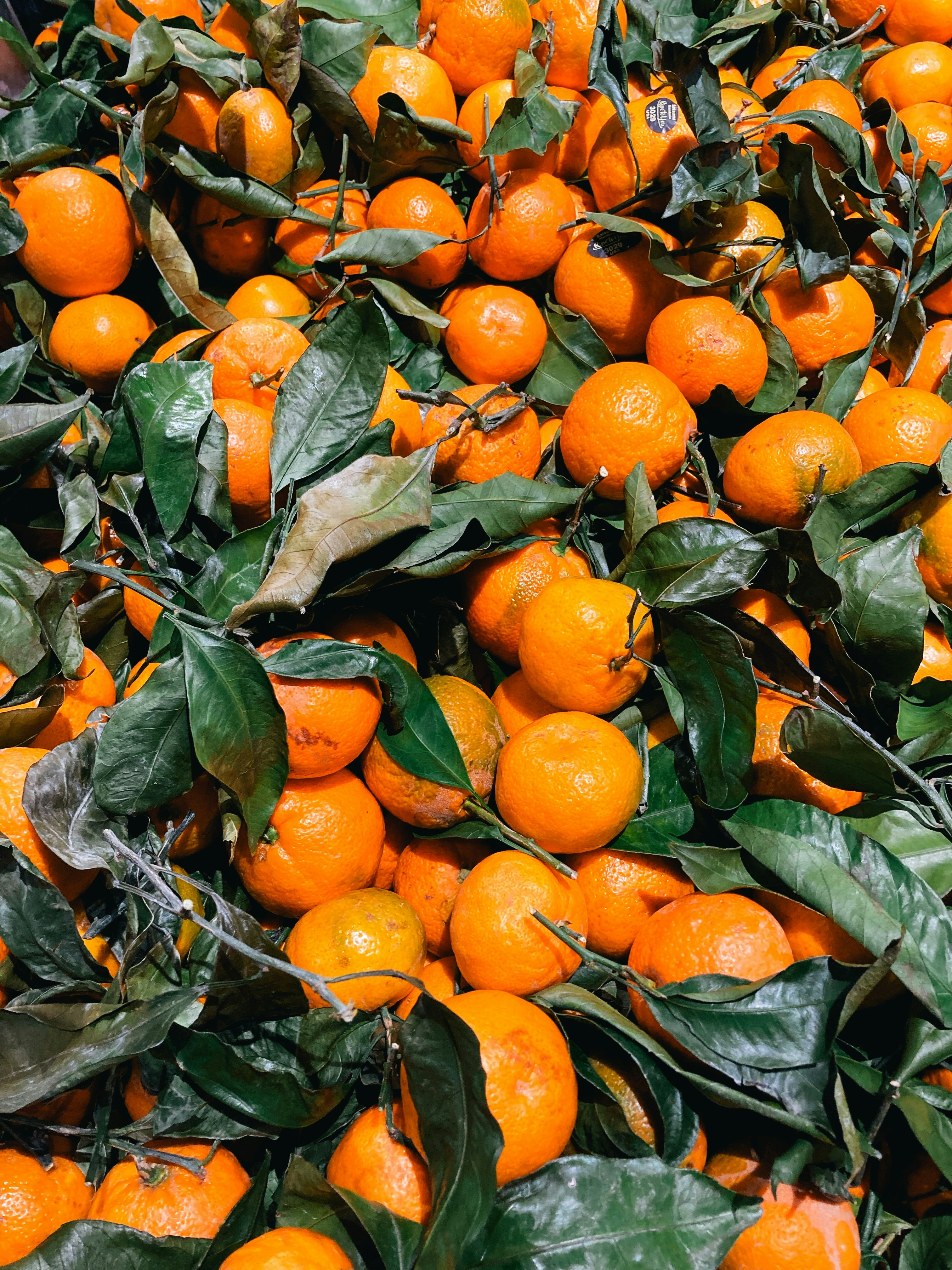 a pile of oranges with leaves on them