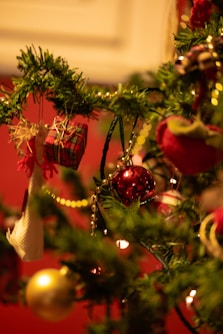 a close up of a christmas tree with ornaments