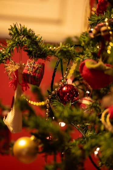 a close up of a christmas tree with ornaments